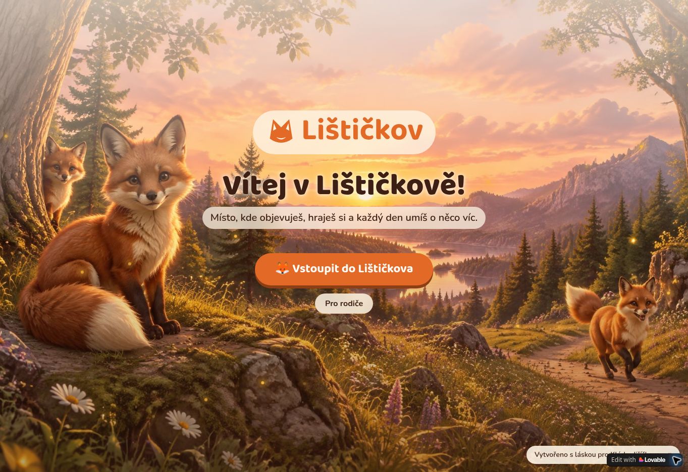 Skutečný screenshot úvodní stránky Lištičkova s liškami v přírodě