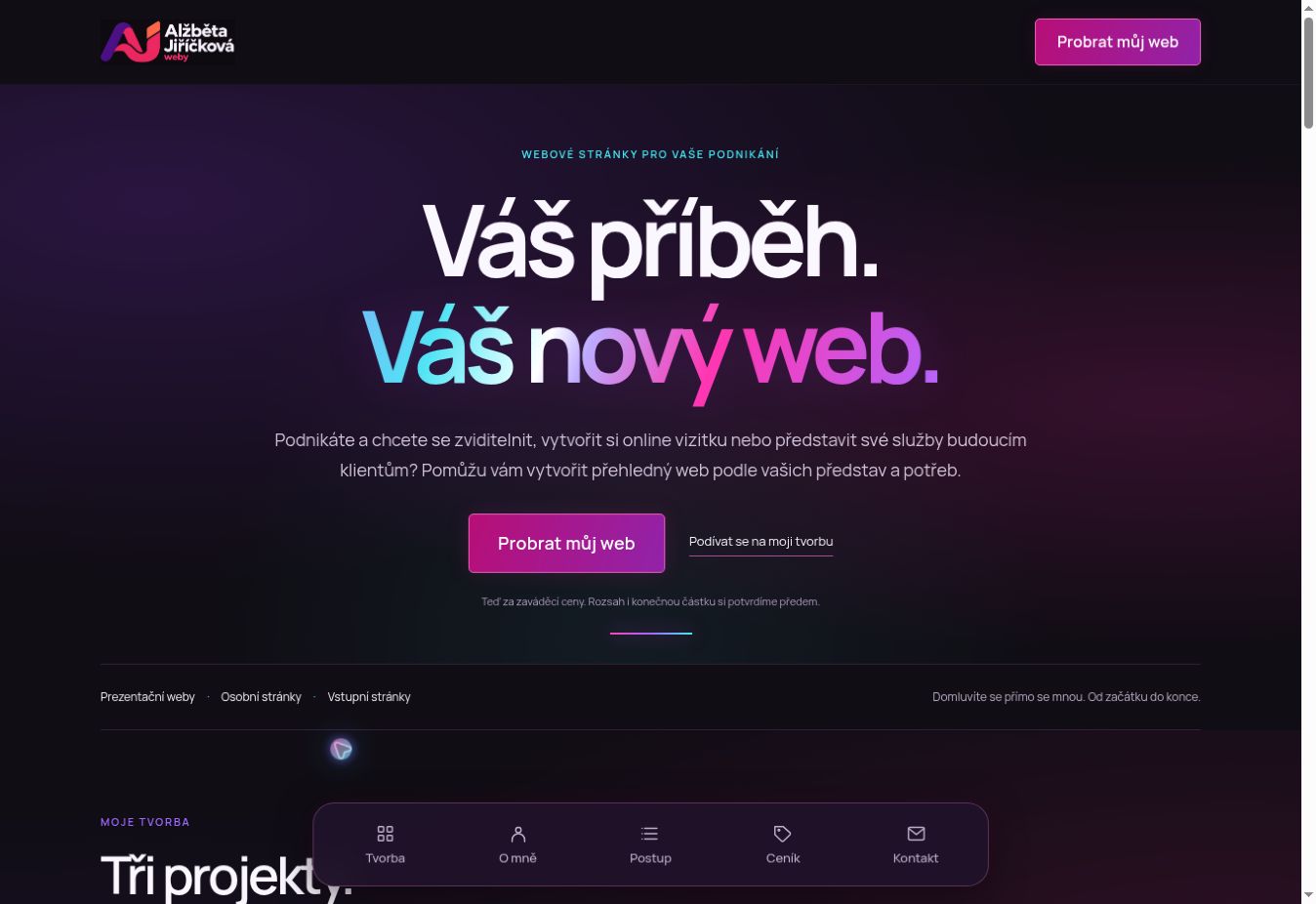 Skutečný náhled tohoto webu WebyBety s neonovým nadpisem Váš příběh. Váš nový web.